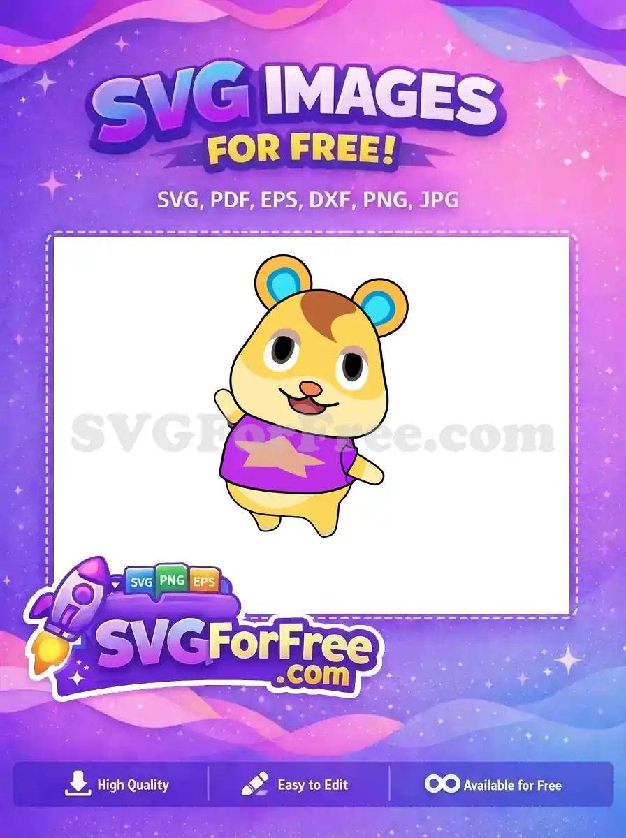 Free adorable cartoon hamster SVG design, cheerfully waving in a purple star shirt. Ideal for crafts and digital projects.