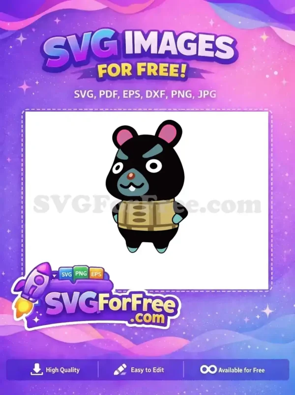 Free Grumpy Bear Character Design – Download Your Free SVG! A free digital illustration of a grumpy black bear-like character with pink ears, blue snout, and a tan vest, readily available for free download.