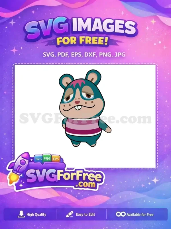 A free SVG of Hamlet, the teal hamster villager from Animal Crossing, wearing a striped shirt. This free design is perfect for fans.