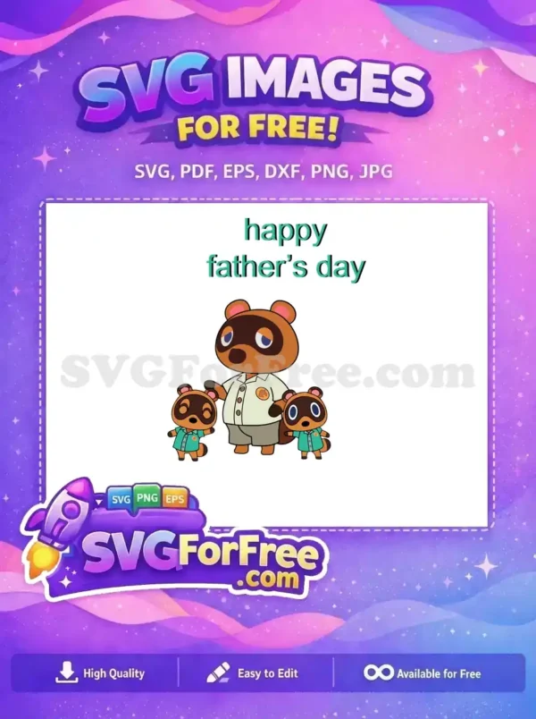 Free Animal Crossing Father's Day SVG featuring Tom Nook with Timmy and Tommy. A heartwarming, free design for game lovers.