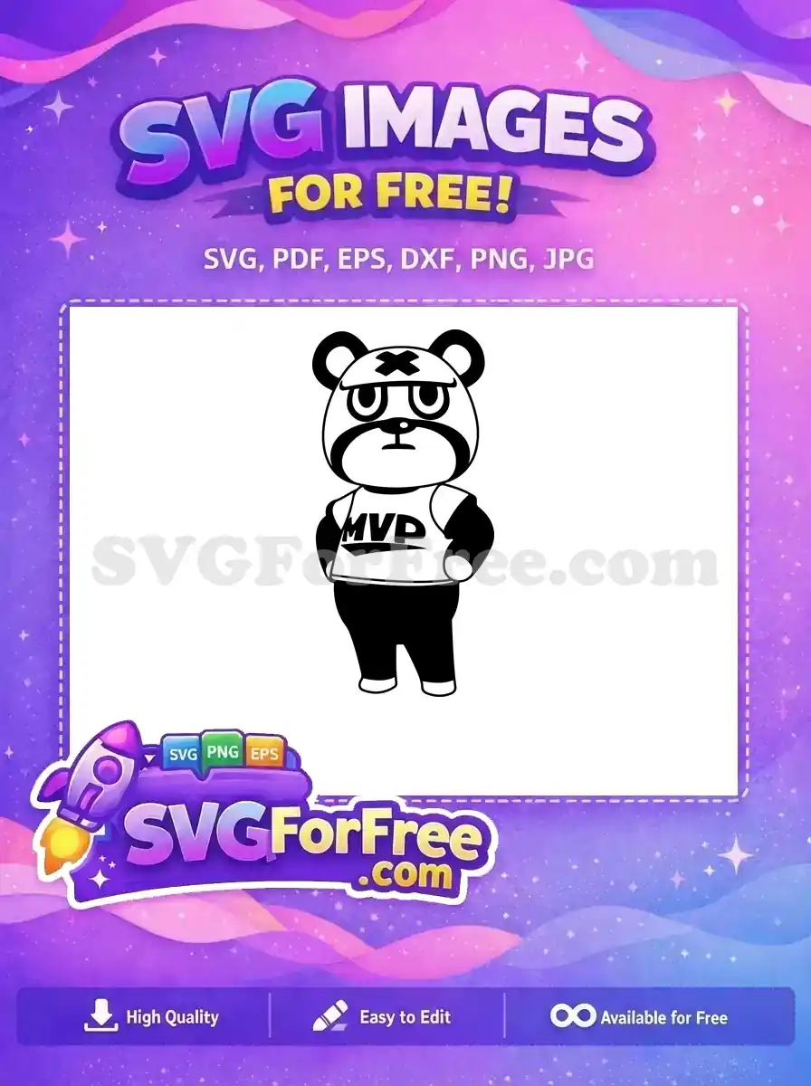 A free design featuring a black and white cartoon character, a bear wearing an 'MVP' shirt and an 'X' headband. Perfect free SVG for fans.