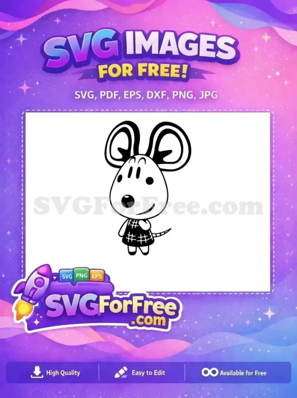 A delightful free black and white cartoon mouse in a patterned dress, smiling. Ideal for crafting and digital art projects.