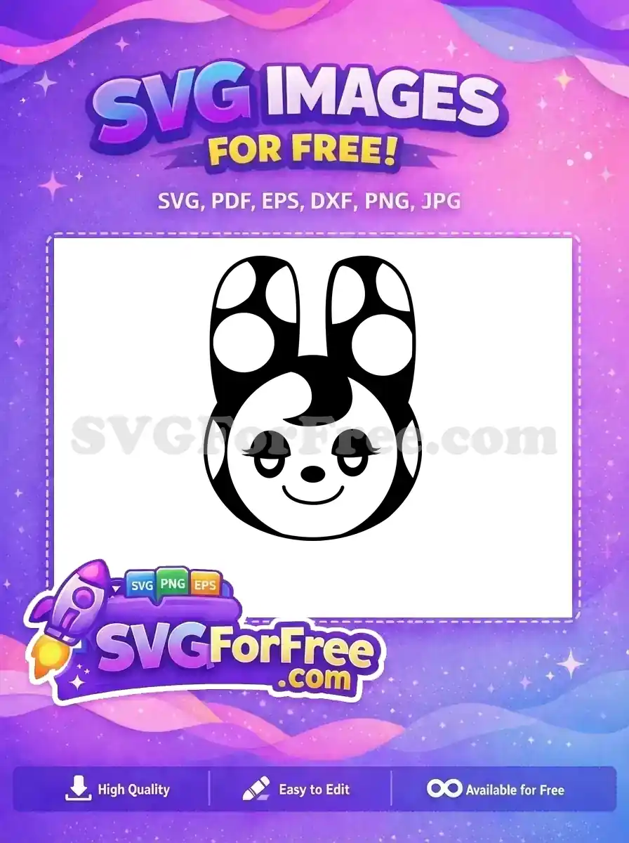 A free charming black and white bunny head SVG, featuring polka-dotted ears and a sweet, closed-eye smile. Get this free vector for crafts!
