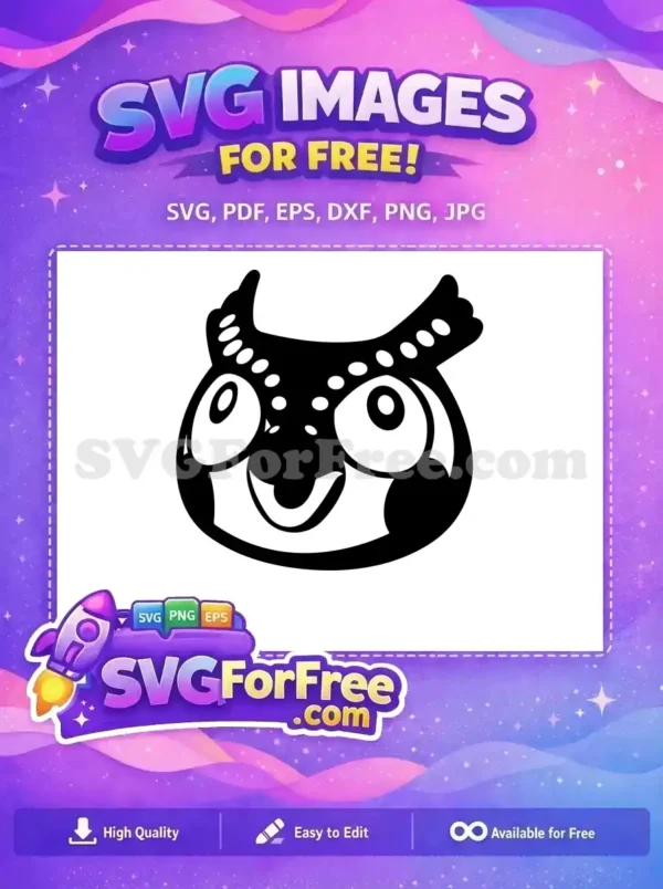 A free SVG of a stylized, wide-eyed, black-and-white cartoon owl head, featuring spotted ear tufts and a simple smile.