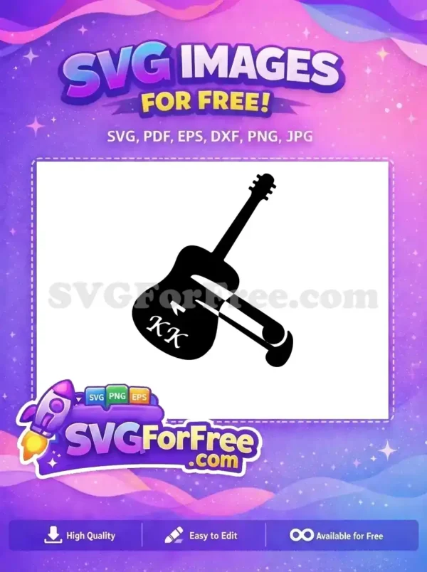 Explore this free, striking black silhouette of an acoustic guitar, creatively integrated with 'KK' initials and a distinctive safety pin graphic. Ideal for free music-themed designs.
