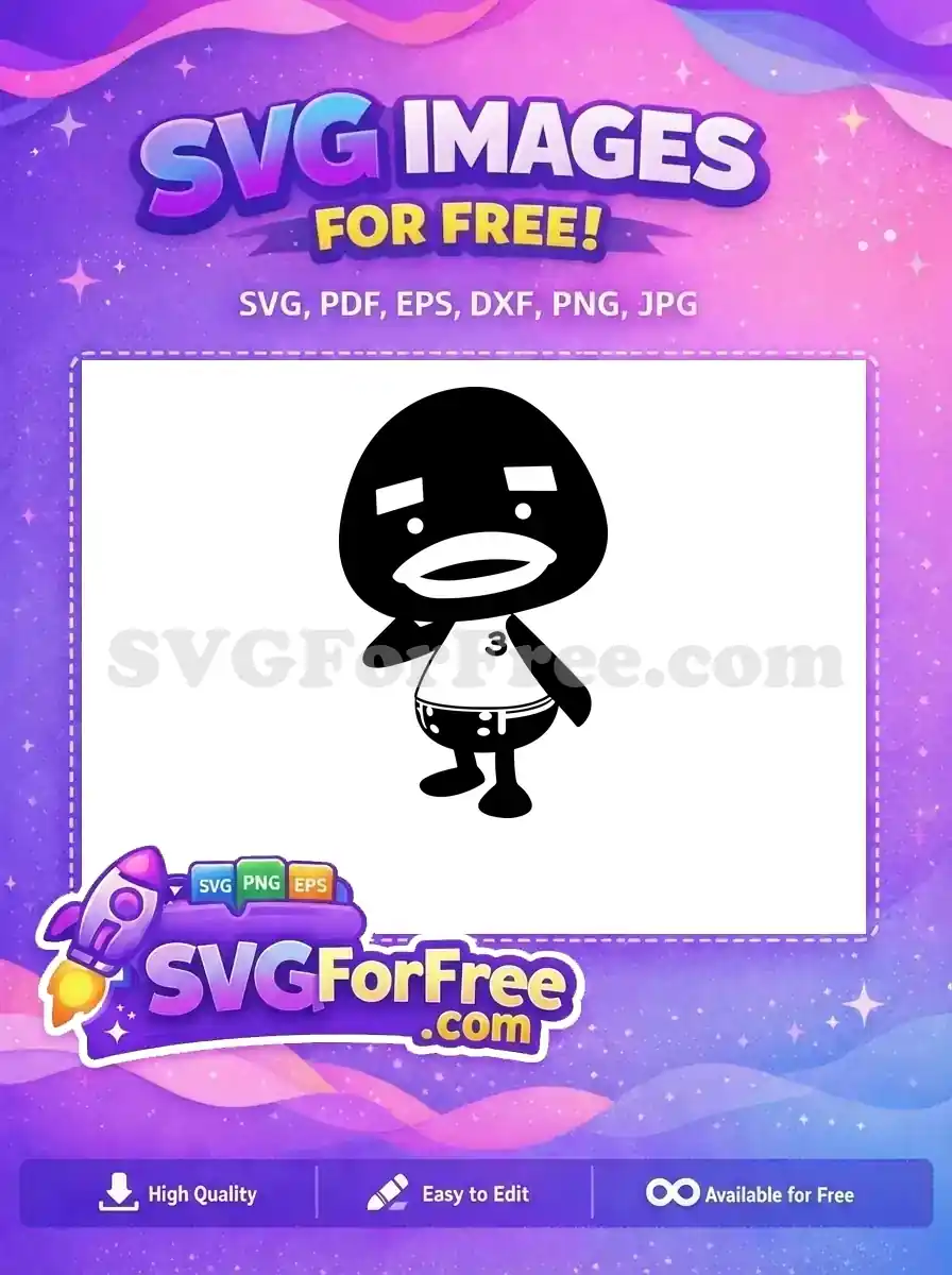 A free cartoon character, black with white details, wearing a '3' shirt and dotted shorts, a fantastic free design.