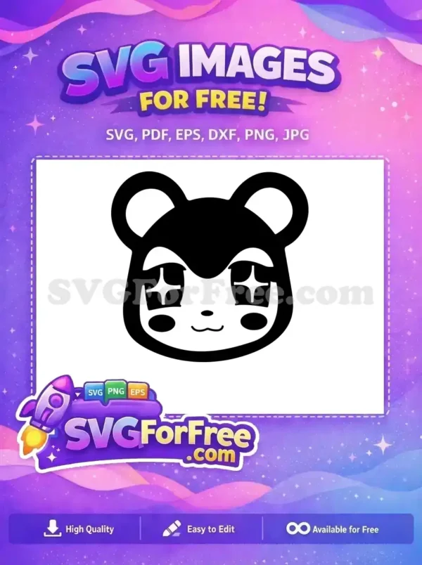 Free Adorable Sparkle-Eyed Animal Face SVG Design A free design featuring a charming black and white animal face with sparkling eyes and round ears. This free vector is ideal for craft projects.