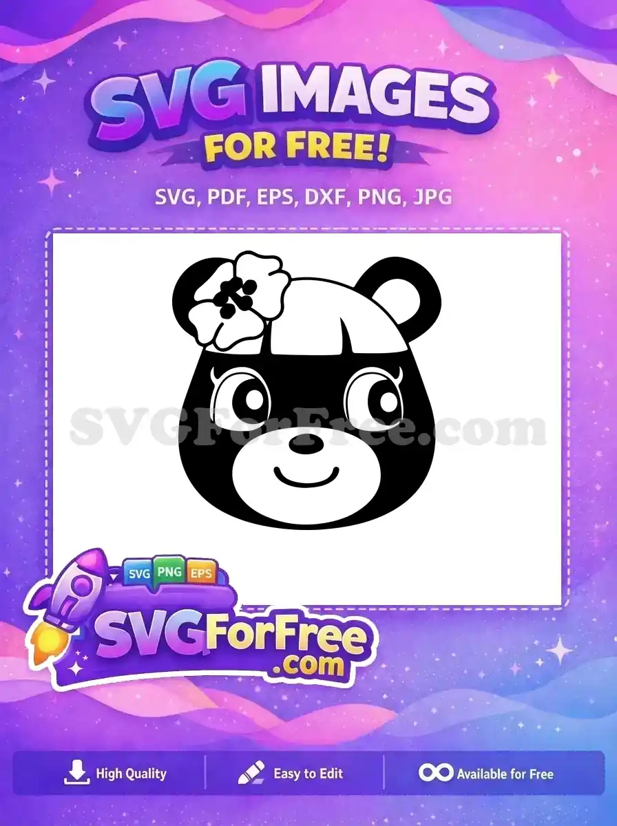 A delightful, free cartoon bear head SVG, featuring a cute smiling face and a flower, ideal for various free design projects.