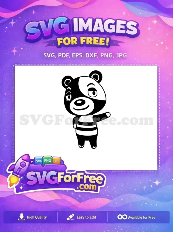 Charming Free Character SVG Design – Instant Download! A free cartoon badger-like character SVG, black and white, wearing a striped shirt. Ideal for free design projects.
