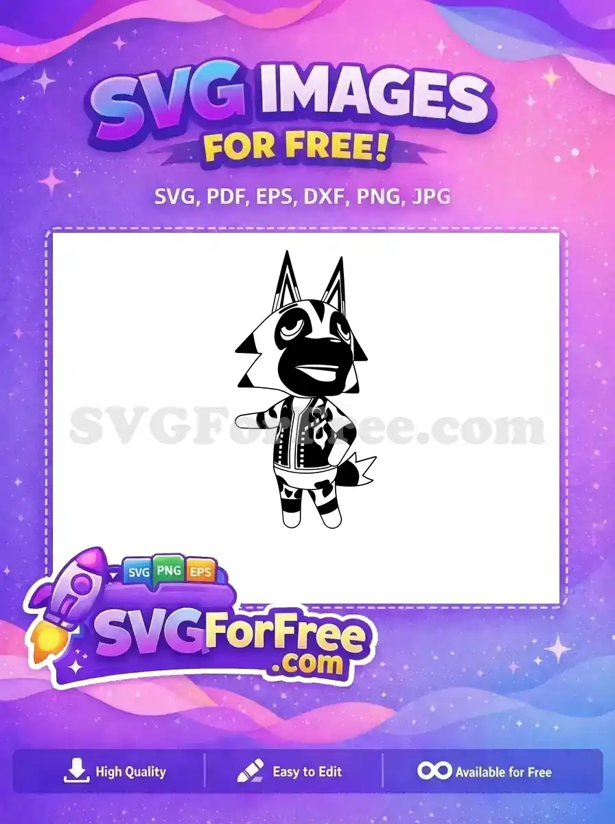A free black and white Animal Crossing-style wolf character vector, standing with unique patterns, ready for creative projects.