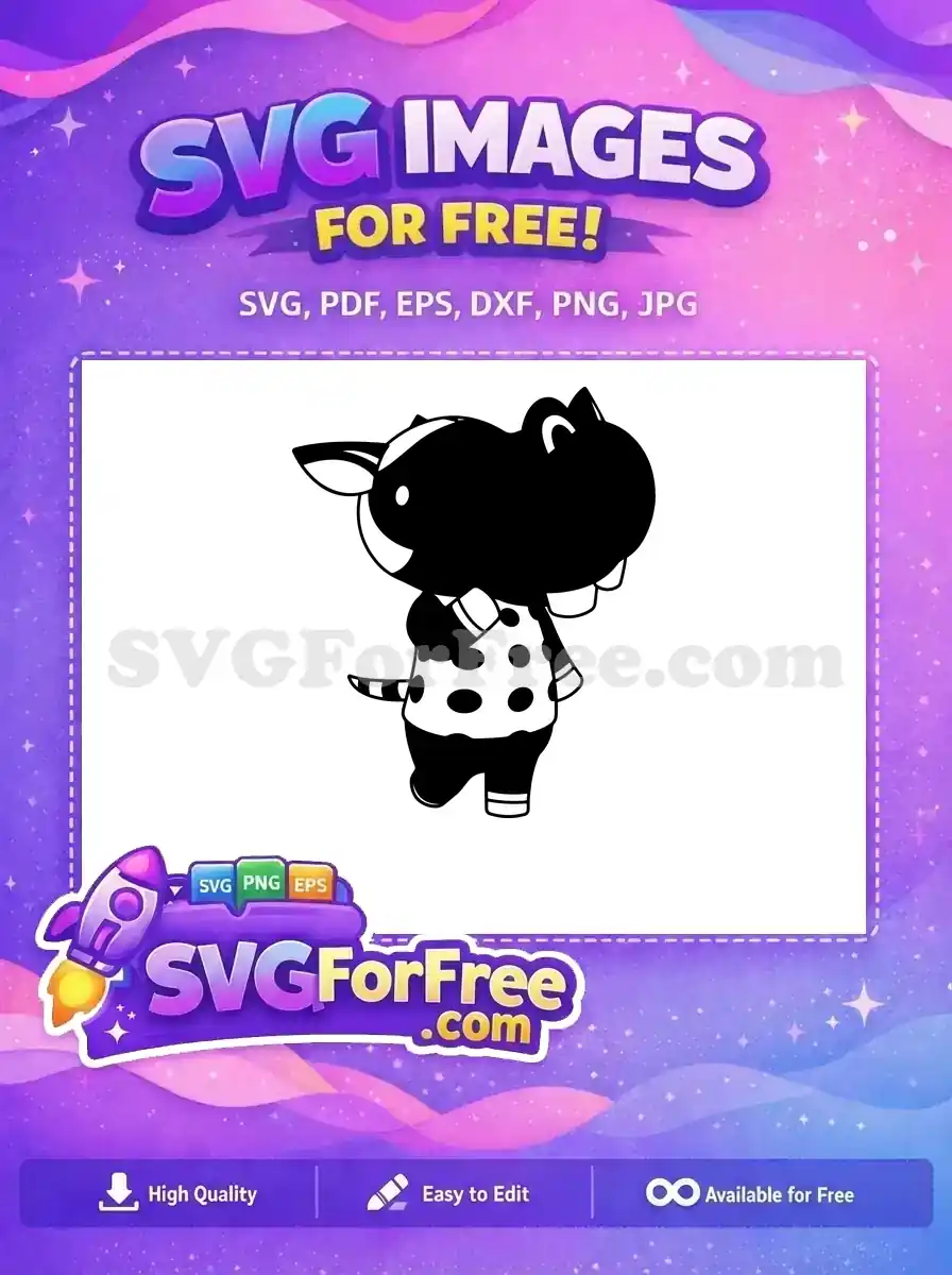 Free playful black and white cartoon hippo character SVG, wearing a polka-dot shirt, ideal for crafting and digital projects.