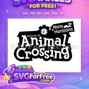 A free Animal Crossing New Horizons logo, featuring the game title in a house shape with a clock and island tag. Perfect free design for fans.