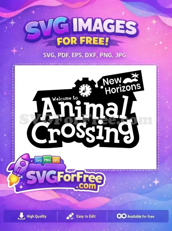 A free Animal Crossing New Horizons logo, featuring the game title in a house shape with a clock and island tag. Perfect free design for fans.