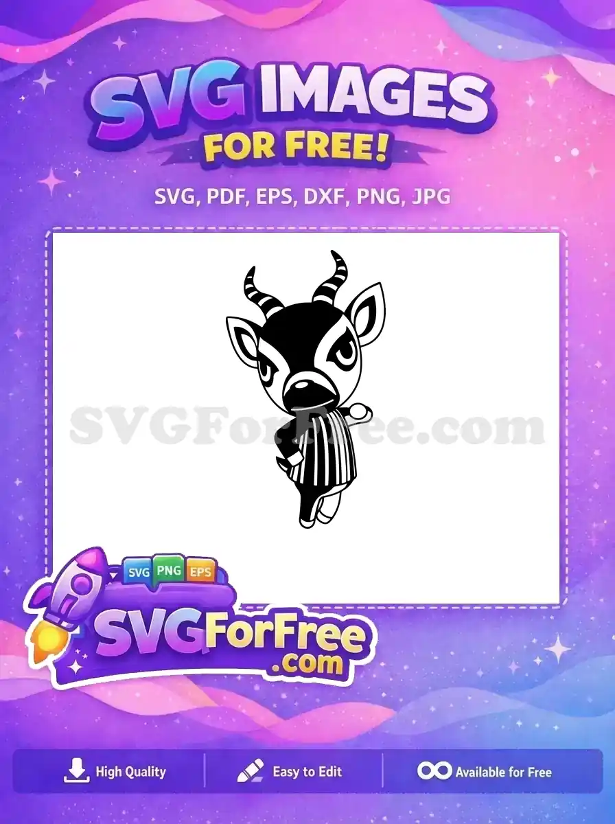 A charming free black and white cartoon gazelle character, perfect for crafters seeking unique, downloadable designs.