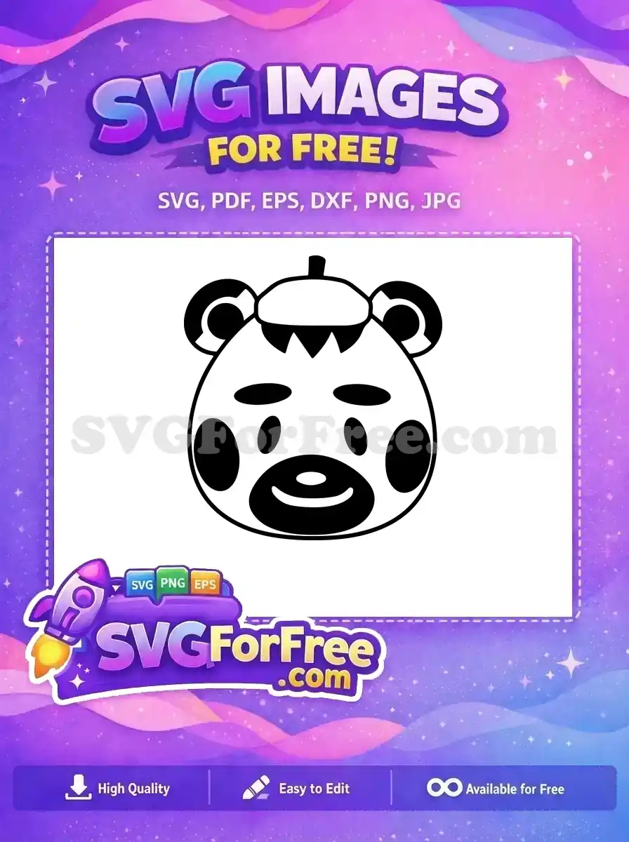This free SVG image showcases a cute, black and white cartoon animal face with an acorn-like hat. Ideal free craft design.