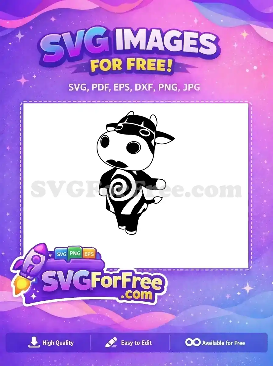 A charming free cartoon cow SVG with bold black and white spiral patterns, ideal for diverse crafting projects. Free download!