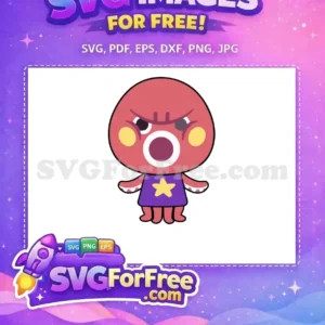 A free design of a cute, angry red octopus character wearing a purple shirt with a yellow star, perfect for fans.