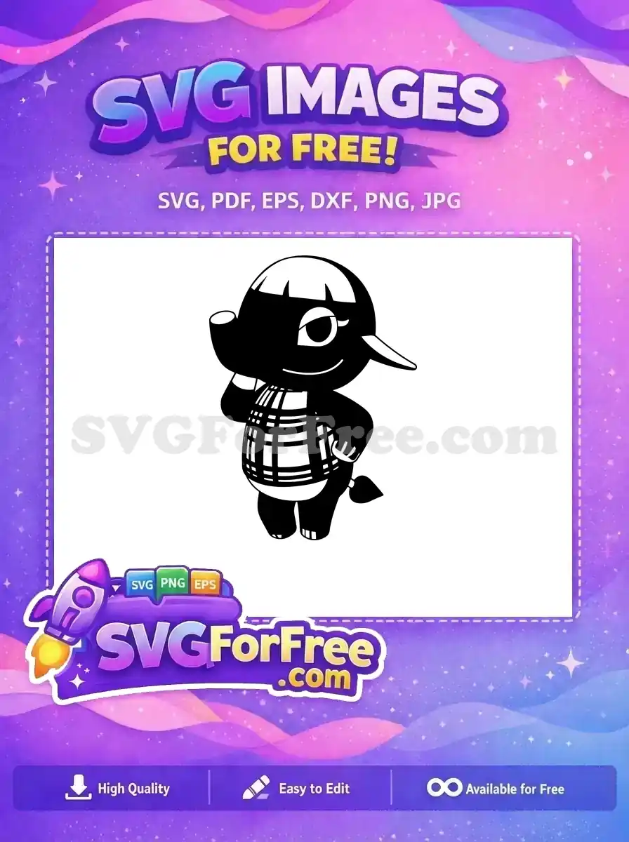 Free Animal Crossing elephant Cally SVG. Black and white, plaid shirt. Ideal for DIY crafts. Get this charming free design!