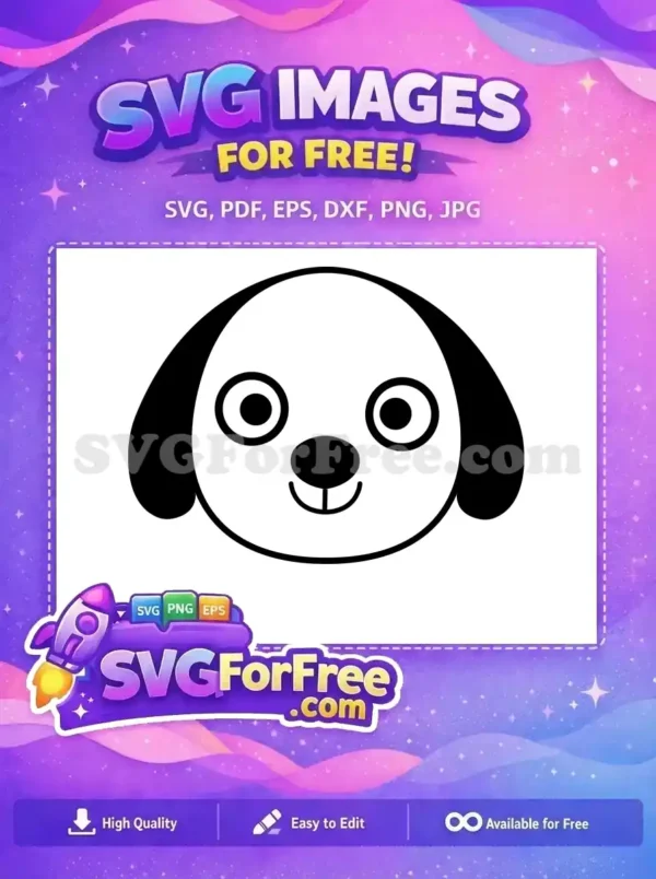 Adorable Free Dog Face SVG – A Charming Free Puppy Design A delightful free design featuring a simple, black and white cartoon dog face, ideal for various creative projects. Download this free puppy SVG!