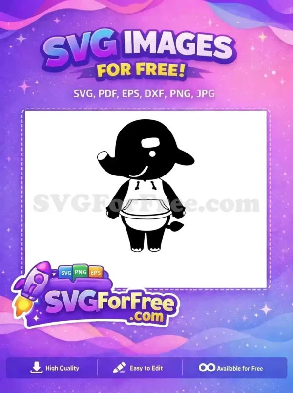 A free design featuring a cute black and white cartoon elephant, wearing a hoodie and diaper. Perfect for craft projects.