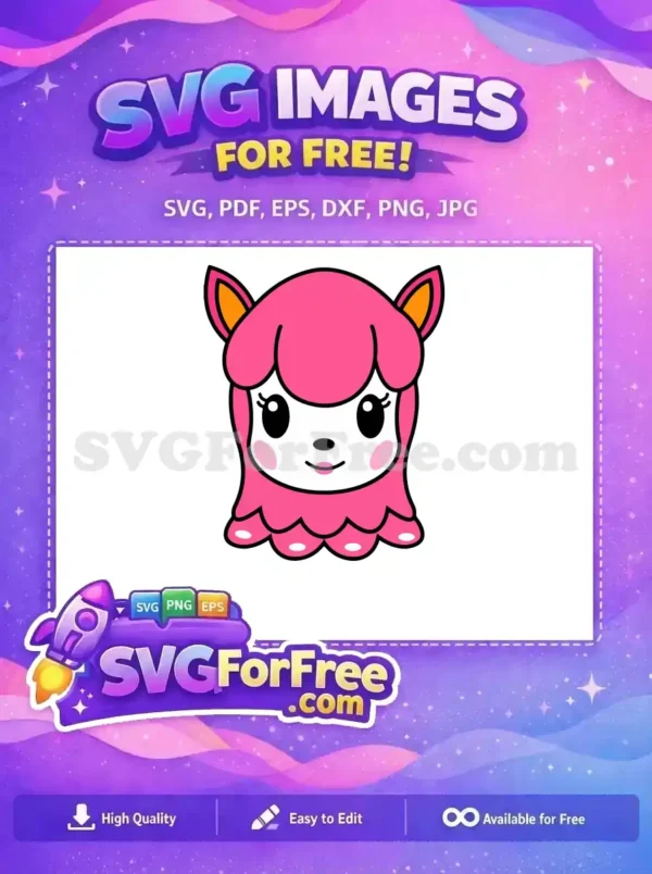 A delightful free cartoon pink alpaca or llama head SVG, featuring big eyes and a friendly smile, ready for any cute design.