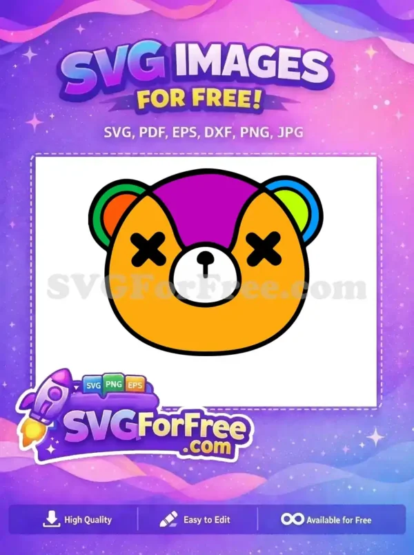 A free, colorful stitched bear head SVG with 'X' eyes, purple hair, and mismatched ears, ideal for unique crafts. This free digital design is available.