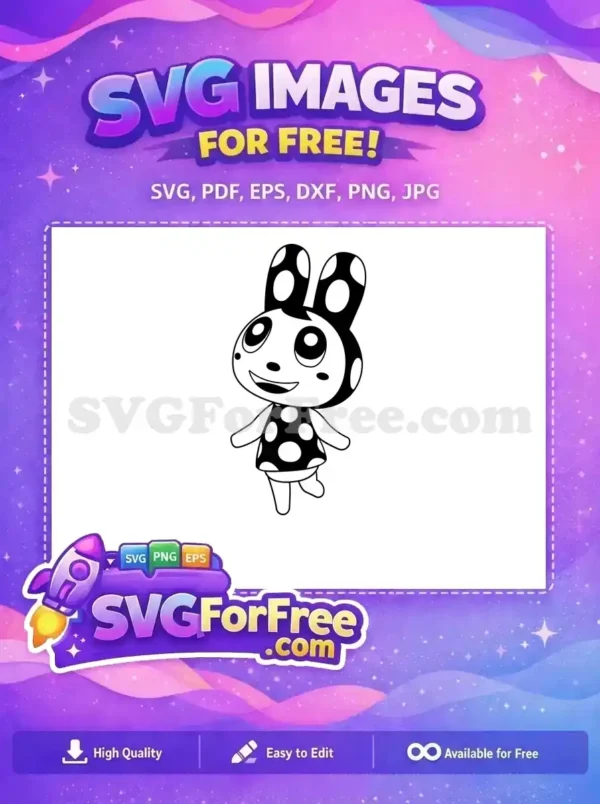 A charming free black and white polka-dotted bunny character, ideal for various creative projects. Download this free design now!