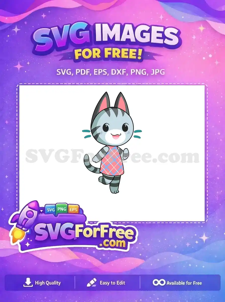 A delightful free design of a gray striped cat character, smiling and dancing in an argyle dress. Perfect free SVG for fans!