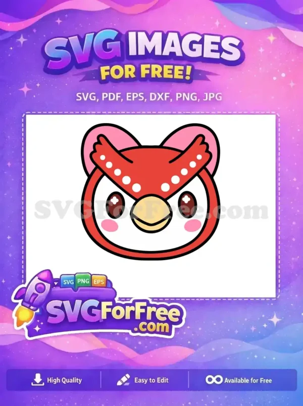 A free, cute, front-facing cartoon owl with red feathers, pink ears, and a yellow beak. Ideal for crafts.