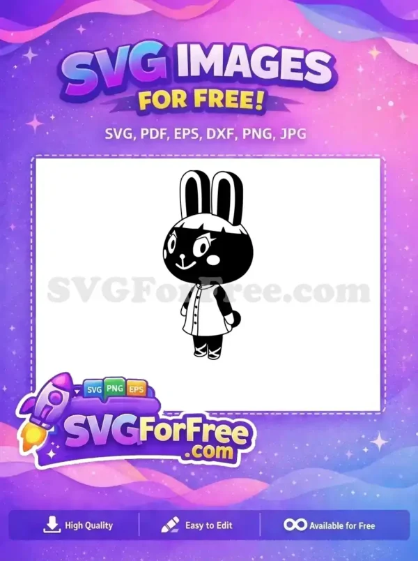 Download this free black and white cartoon rabbit SVG, a charming design with big ears and a friendly face.