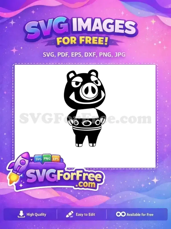 A captivating free black and white pig character SVG, featuring a sly expression and distinctive outfit. Ideal free design.