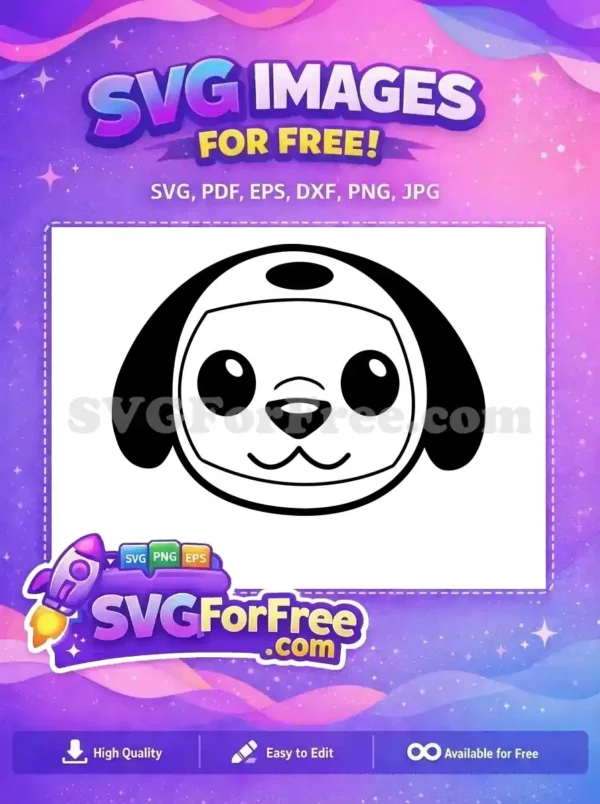 A cute, free cartoon dog face in black and white, featuring big eyes and floppy ears, ideal for free creative designs.