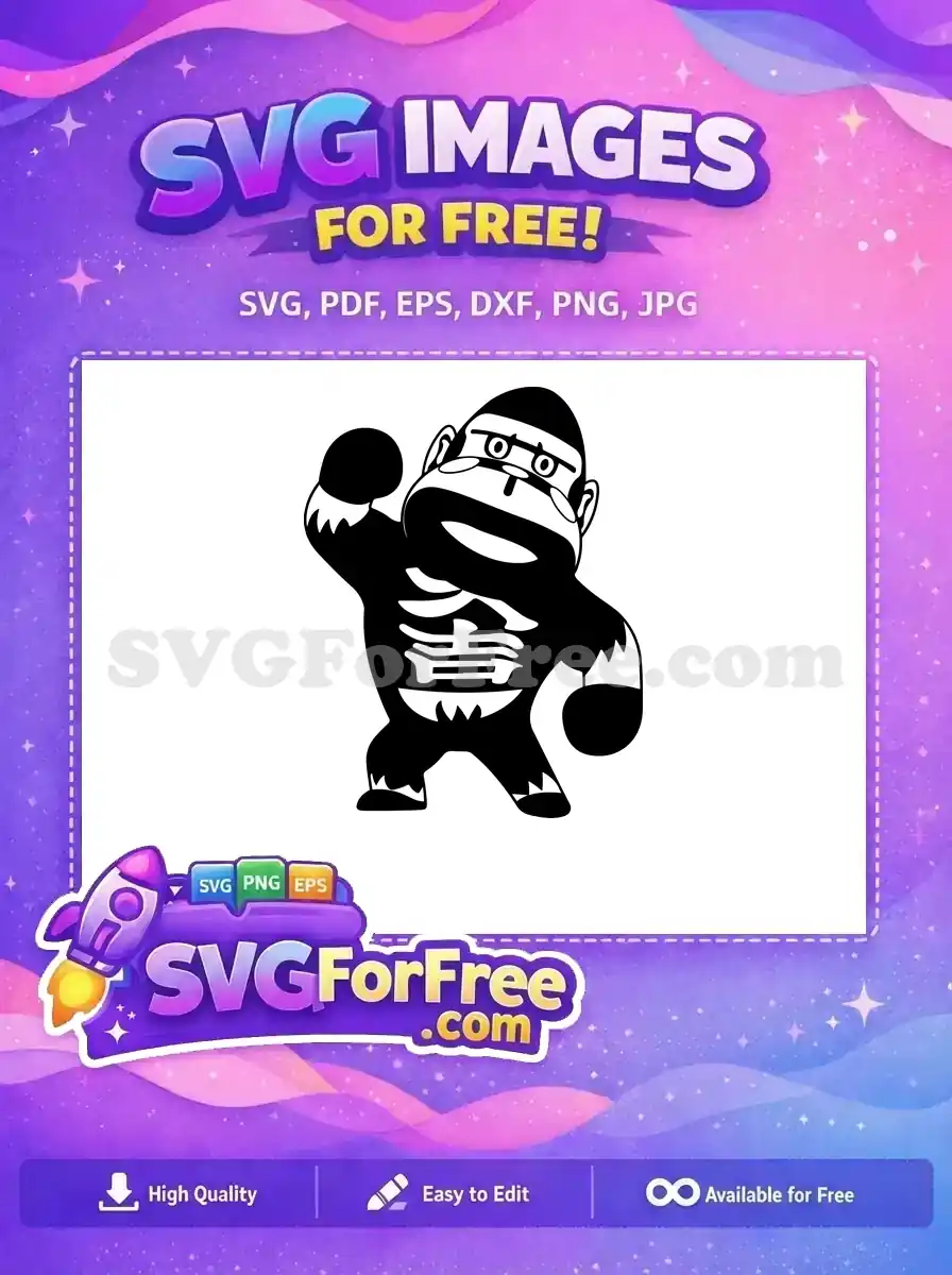This free, stylized black and white cartoon gorilla SVG features a dynamic pose, glasses, and abstract chest details.