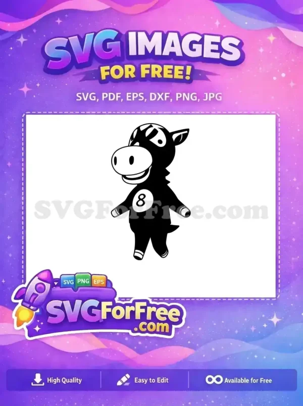 A free design of a black and white cartoon horse, featuring the number '8' on its chest. This versatile free SVG is perfect for crafters.