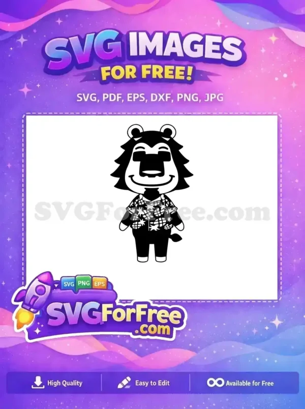 A free cartoon lion character in a Hawaiian shirt, smiling in a monochrome design. A charming free vector graphic.
