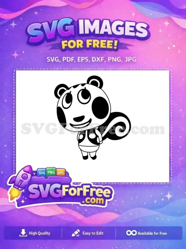 A charming free black and white cartoon skunk-like character, smiling with big eyes, featuring a swirly tail. This free design is versatile.