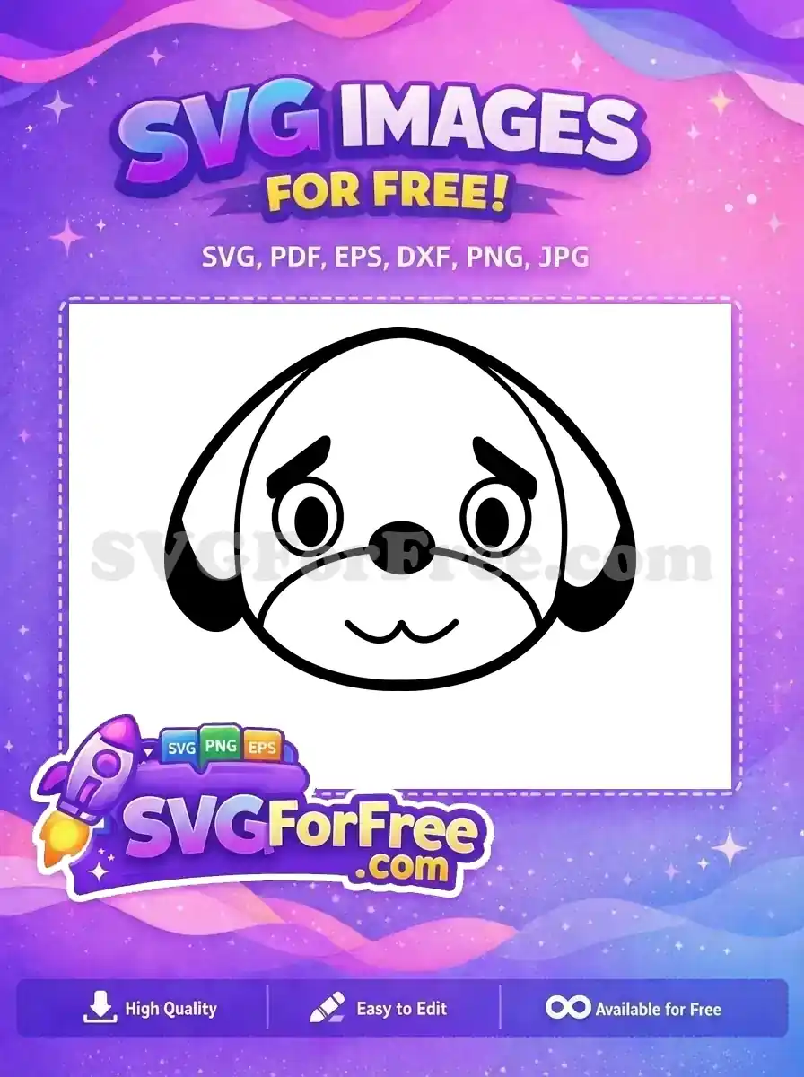 Free adorable cartoon dog face SVG, a simple black outline perfect for kids' crafts and animal-themed projects.