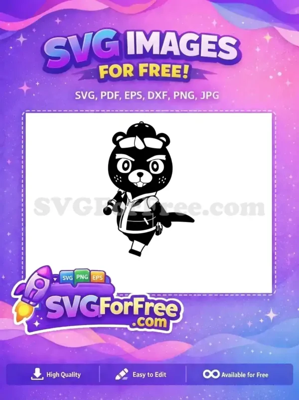 A free design featuring an energetic black and white cartoon beaver, wearing a cap and sunglasses, holding a stick. Perfect free vector art.