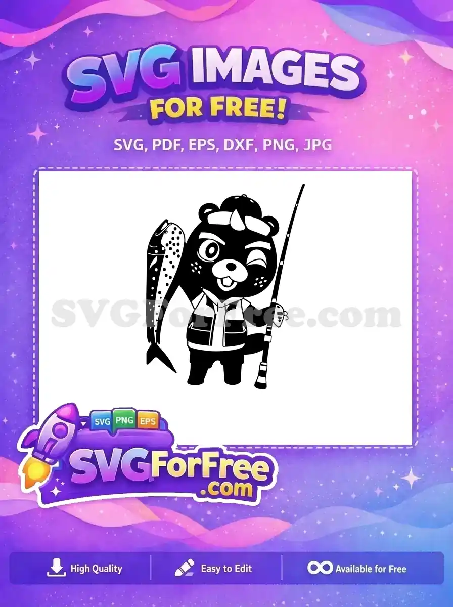 A delightful free cartoon bear, winking and proudly holding a freshly caught spotted fish and fishing rod. Ideal for crafters.
