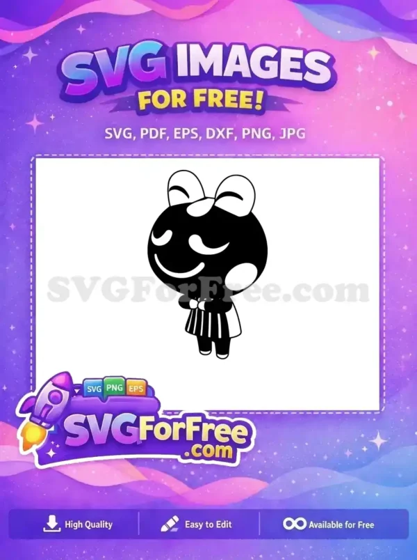Free Cute Cartoon Character SVG – Adorable Frog Design A charming free black and white cartoon frog-like character, smiling with a bow and striped skirt. Download this free design now!