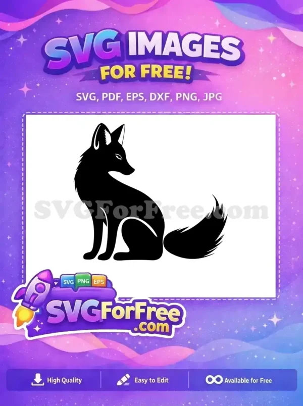 Free Fox Silhouette SVG – Elegant Digital Design Download A striking free black fox silhouette, sitting gracefully and looking right, ideal for various creative projects.