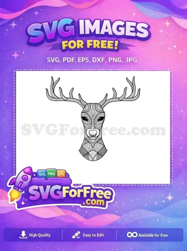 Detailed free SVG of a deer head, featuring intricate Zentangle patterns on its face and majestic antlers. A free design.