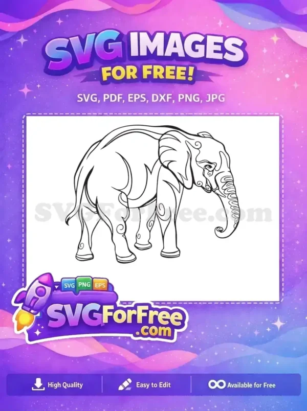 A free decorative elephant outline, featuring intricate patterns and a majestic pose, ideal for crafting and art projects.