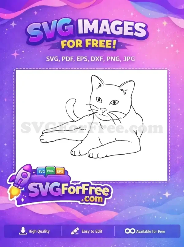 A free design showing a graceful cat lying down, rendered in clean black outline. Ideal for free coloring and crafting projects.