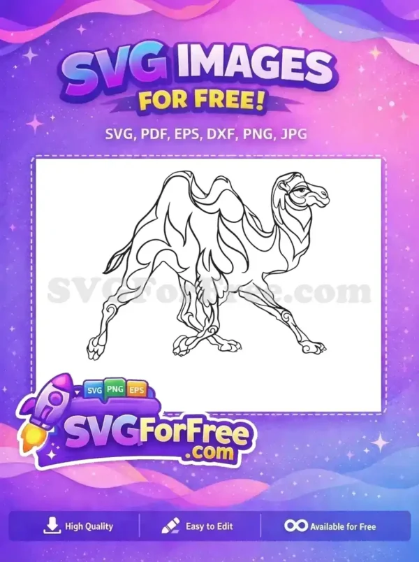 Free Stylized Camel SVG Design – Unique Desert Animal Art A magnificent free stylized camel SVG outline, showcasing intricate tribal patterns. Ideal for diverse free creative projects.