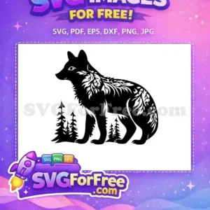 Free Fox Forest Silhouette SVG – Elegant Nature Design A free artistic black fox silhouette adorned with elegant white floral patterns, standing among pine trees. Perfect free design.