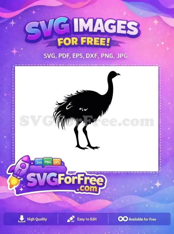 A striking black silhouette of a large, long-necked bird, like an emu, offered as a free design for instant download.