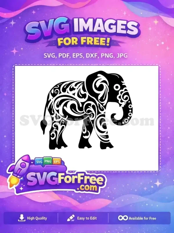 Intricate black elephant silhouette with elegant white swirling patterns, a beautiful free design for crafts and decor.