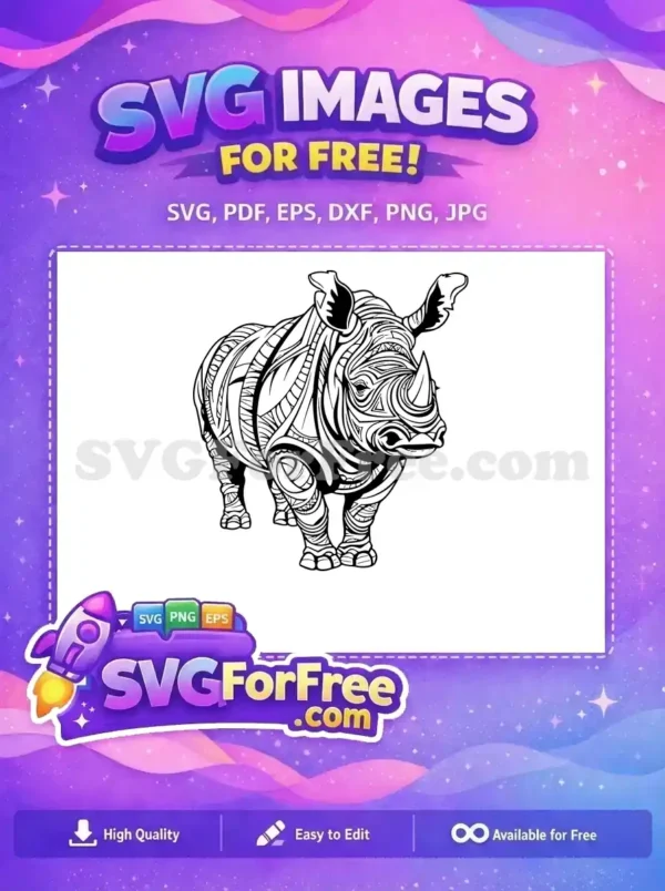 Free detailed SVG of a rhinoceros, featuring intricate tribal patterns, perfect for crafting, coloring, and digital art.