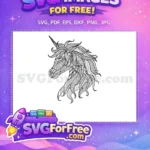 Free Intricate Doodle Free Flowing Mane Unicorn Animal Free SVG - Instant Download